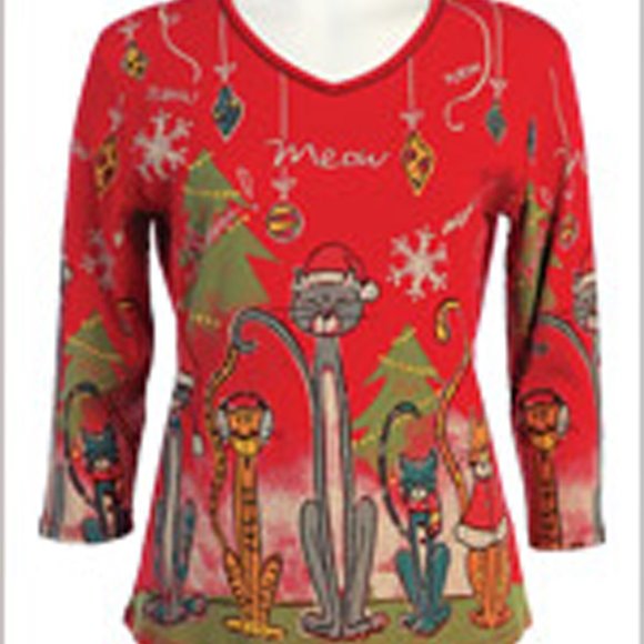 Christmas Kitties Meow Bling Jess & Jane Ladies SMALL Red 3/4 Sleeve V-neck NEW - Picture 2 of 4